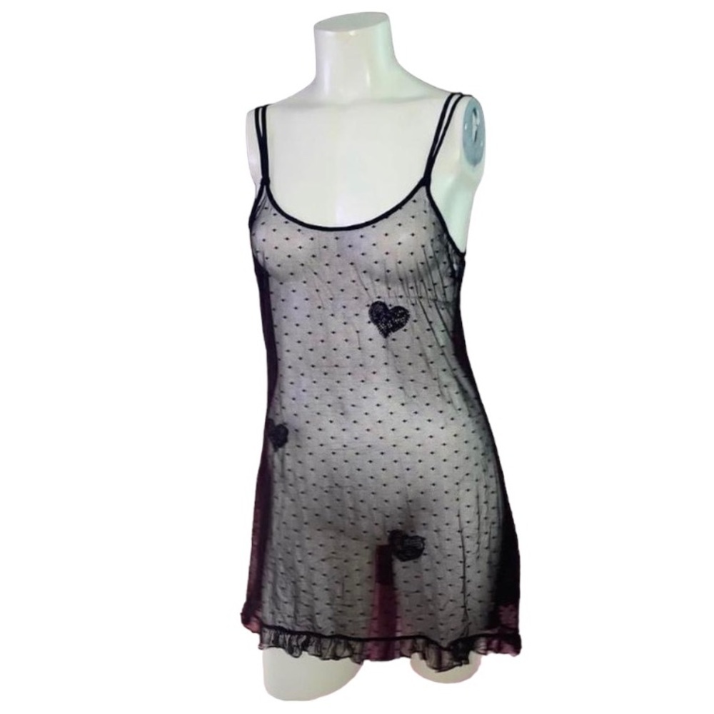 Black‎ sheer micro mesh hearts frilly chemise lingerie